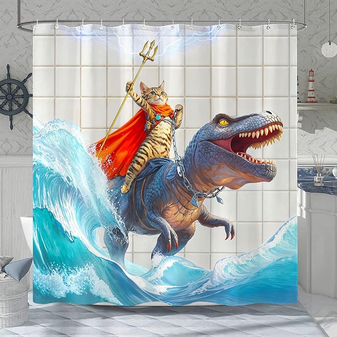 Yeoiat Cat Shower Curtain Ocean Funny Shower Curtain Dinosaur Shower Curtains for Bathroom Wave Shower Curtain Set with 12 Hooks Dinosaur05 72×72 Inches