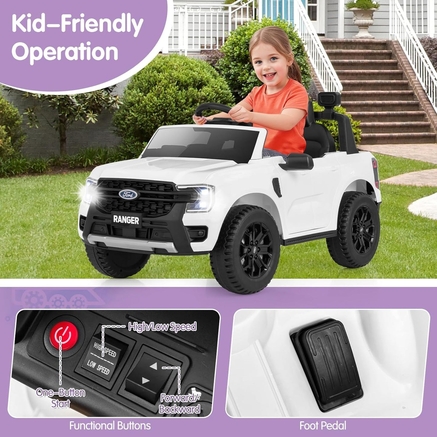 HONEY JOY Ride On Car, 12V Licensed Ford Ranger Electric Vehicle for Kids, Spring Suspension, Music & 3 Speeds, Horn, LED Lights, Battery Powered Ride On Toy with Remote Control(White)
