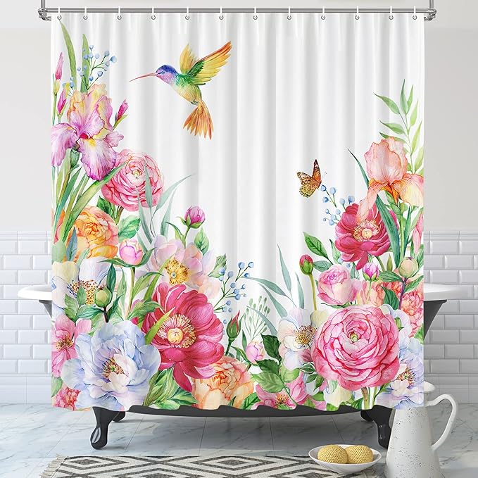 Vimorco Flower Hummingbird Shower Curtain, Floral Shower Curtains for Bathroom with Hook, Waterproof Polyester Fabric Shower Curtain, Hummingbird Flower Shower Curtains Set, Bath Curtain Decor