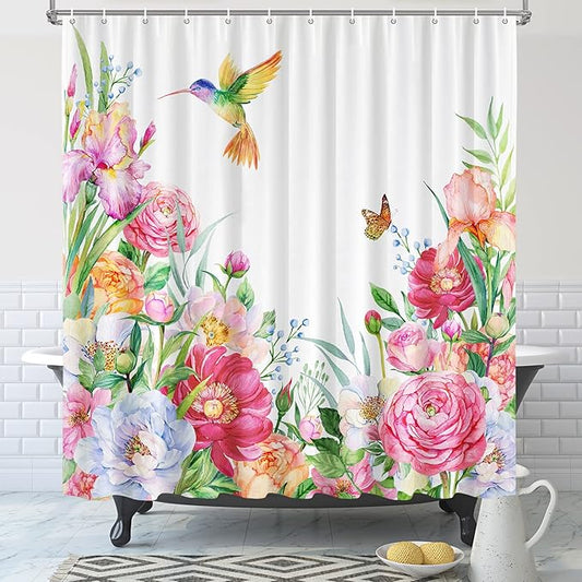 Vimorco Flower Hummingbird Shower Curtain, Floral Shower Curtains for Bathroom with Hook, Waterproof Polyester Fabric Shower Curtain, Hummingbird Flower Shower Curtains Set, Bath Curtain Decor