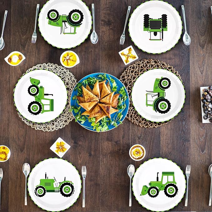 Whaline 40Pcs Tractor Party Paper Plate Green Tractor Disposable Plate 4 Designs Tableware for Birthday Construction Party Supplies Table Decor, 9 in