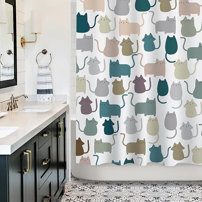 Sunlit Design Lovely Multicolor Cartoon Cats Fabric Shower Curtain, Cute Cats Bathroom Decoration Curtains for Baby Kids Children