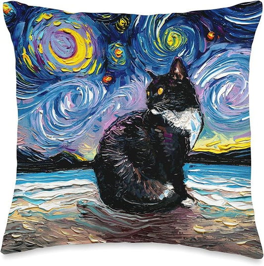 Tuxedo Cat on Beach Starry Night Impressionist Art by Aja Throw Pillow