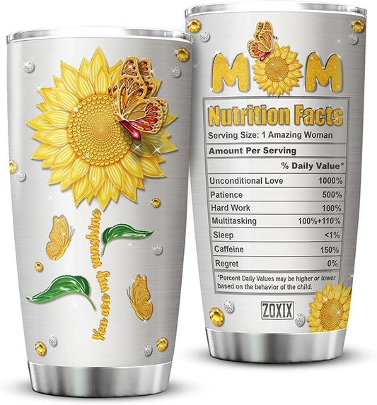 ZOXIX Mom Nutrition Facts Tumbler Sunflowers Butterfly Jewelry Style Funny Mothers Day Gift Ideas Stainless Steel Cup With Lid 20oz Mimi Mama Gifts For Birthday Sunflower Tumblers