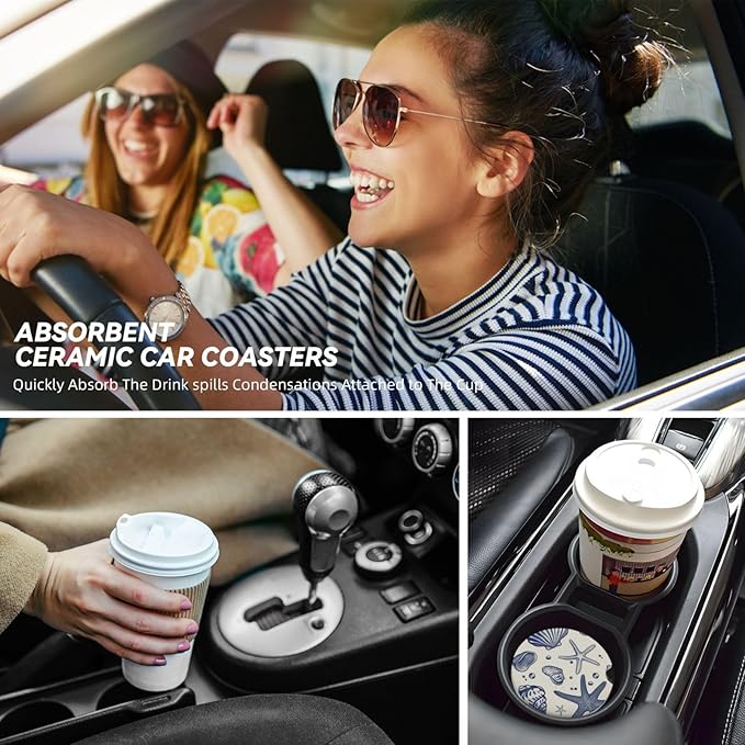 Absorbent Ceramic Car Coasters for Cup Holders, Blue Sea Starfish Shells Design 2.56" Anti Slip Universal Drink Cup Coasters for Women Men (2 Pack)