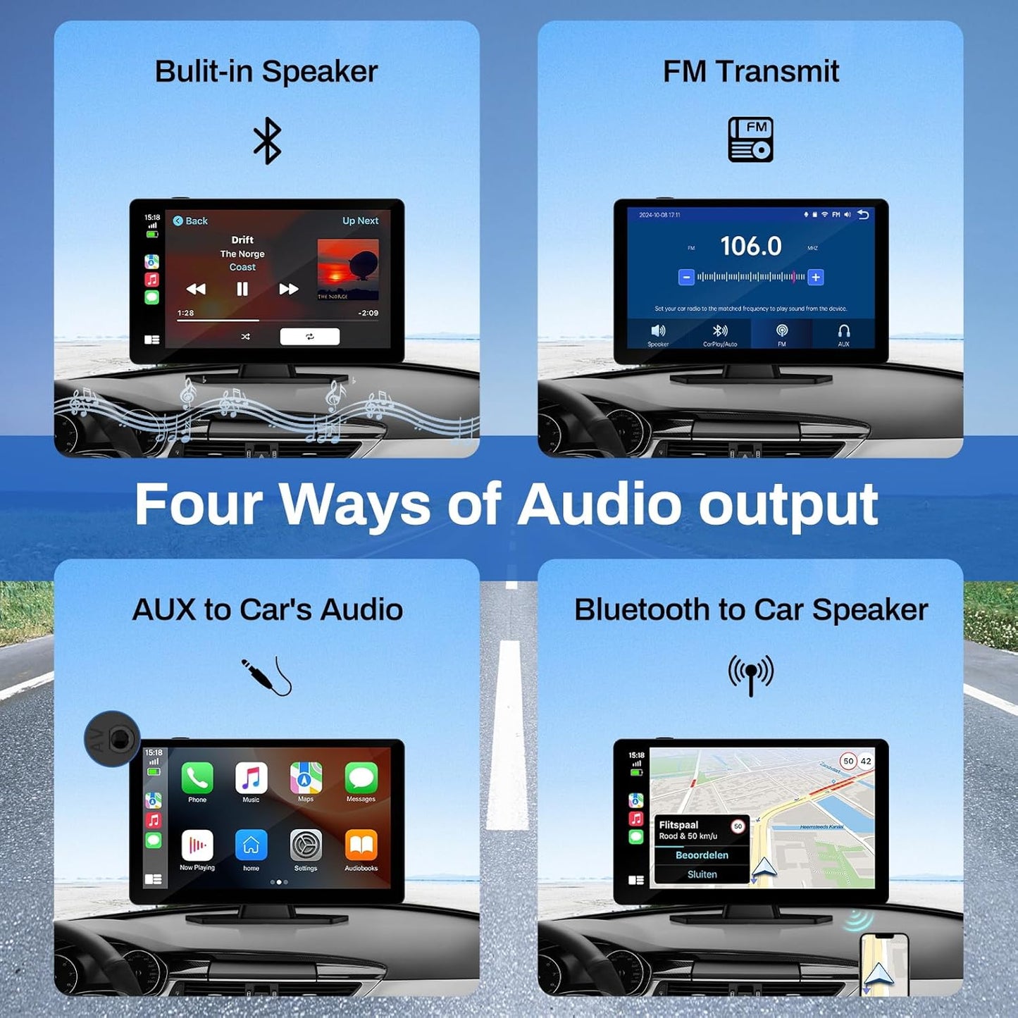 Wireless Carplay Screen for Car with 4K Dash Cam, 9" Portable Carplay & Android Auto, Component Subwoofer, Touchscreen with 1080p Backup Camera, GPS Navigation/Voice Control/BT/Mirror Link/FM