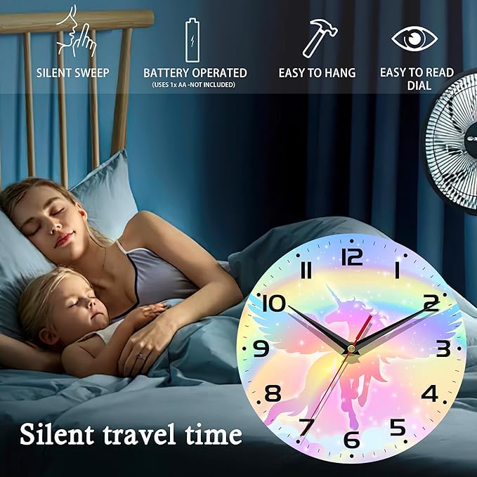 Wall Clock, 10 Inch Silent Non-Ticking Home Kitchen Decor, Battery Operated for Bathroom Bedroom Living Room Office(Rainbow Unicorn)