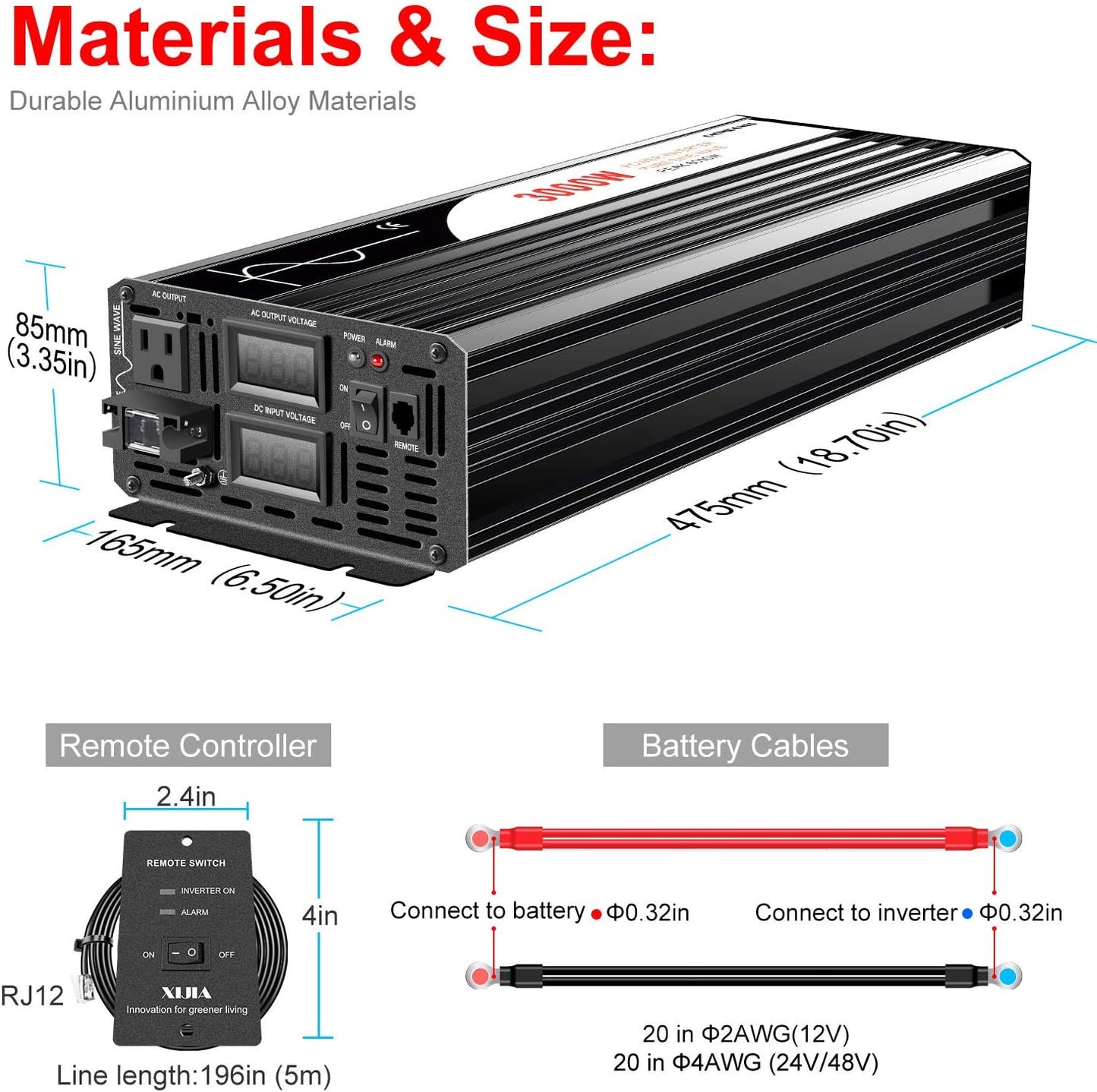 Xijia 3000W (Peak Power 6000W) Pure Sine Wave Inverter DC 36V to AC 120V 60HZ Solar Converter for Home Use car (DC36V (Range 30V-45V) 3000W)
