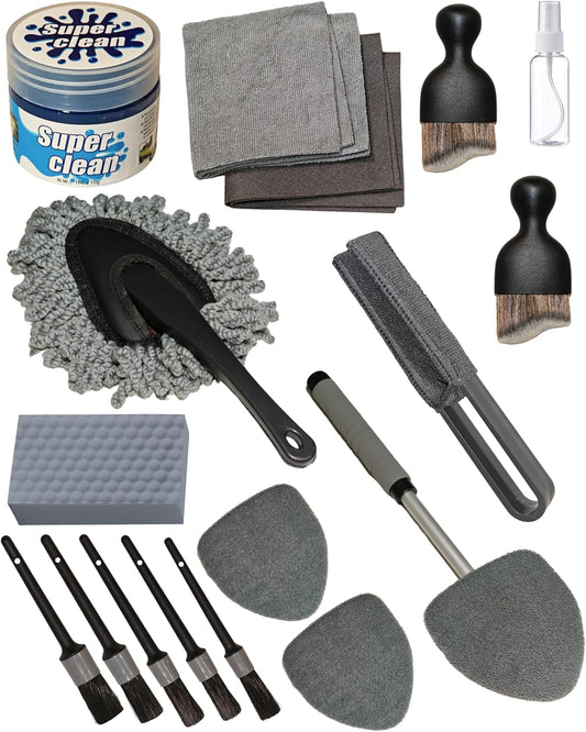 18Pcs Professional Car Interior Detailing Kit All-in-One Cleaning Tools for Windows, Dashboard, Vents, Windshield Cleaner Brush, Magic Sponge, Chamois Cloth, Detailing Brushes & Accessories