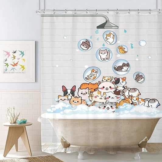 SVBright Cute Raining Cats Shower Curtain 60Wx72L Inch for Kids Cartoon Dog Funny Animals Nursery Lovely Hilarious Pets Playing Water 12 Pack Hooks Fabric Polyester Waterproof Bathroom Bathtub Panels