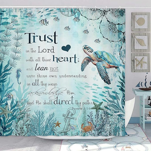 Beach Sea Turtle Bible Verse Shower Curtain, Cool Turtle on Blue Teal Coastal Nautical Theme Shower for Bathroom, Underwater Animal Fish Seashell Jellyfish 70X70IN