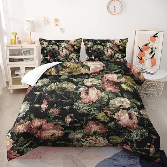 Boho Floral Comforter Set King Black Floral Bedding Sets 3PCS for Kids Teen Adult Flowers Leaves Room Decor Ultra-Soft Lightweight Microfiber 1 Comforter with 2 Pillowcases
