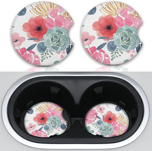 Watercolor Floral Car Coaster for Cup Holders,Car Accessories for Women,2pcs 2.75inch Universal Anti Slip Car Assecories,Car Cup Holder with A Finger Notch