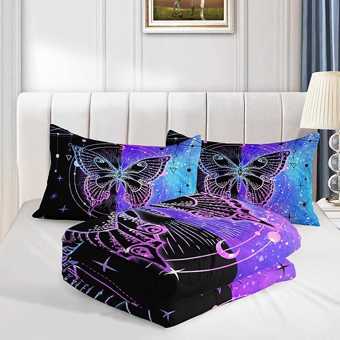 Black Blue Butterfly Comforter Set for Girls Women,Boho Butterfly Sun and Moon Mandala Printed Bedding Set with 2 Pillowcases(Black Blue Queen)