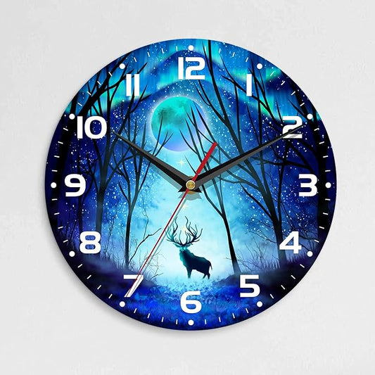 Wall Clock, 10 Inch Silent Non-Ticking Home Kitchen Decor, Battery Operated for Bathroom Bedroom Living Room Office(Forest Deer Moon)