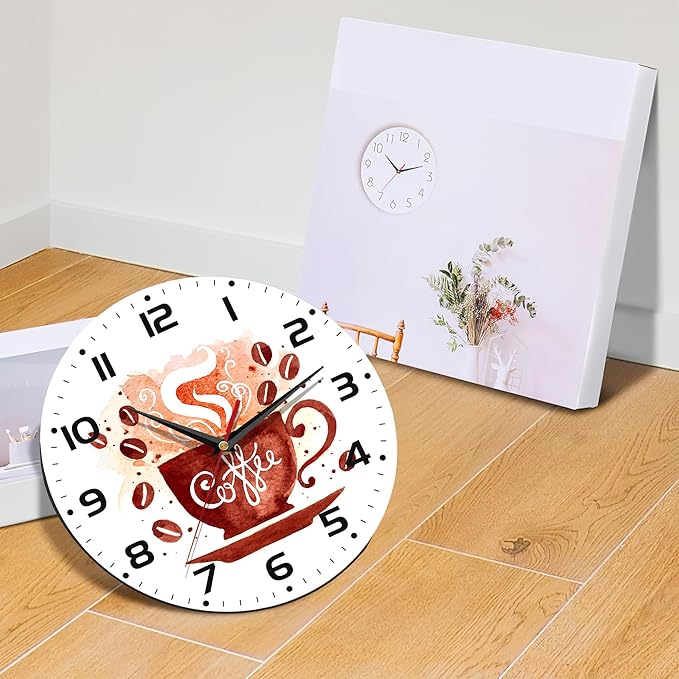 Watercolor Coffee Cup Wall Clock - Vintage Wooden Battery Operated Non-Ticking 10 Inch Silent Art for Living Room, Bedroom, Kitchen - Home Decor for Girls Kids