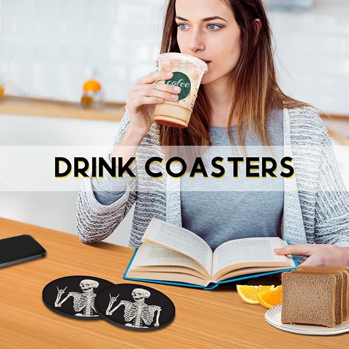 Swooflia Coasters for Drinks Coffee Table, Skeleton Funny Black Silicone Absorbent Cup Coaster Set Housewarming Kitchen Home Wooden Desk Office Bar Tabletop Decor 6 Pack