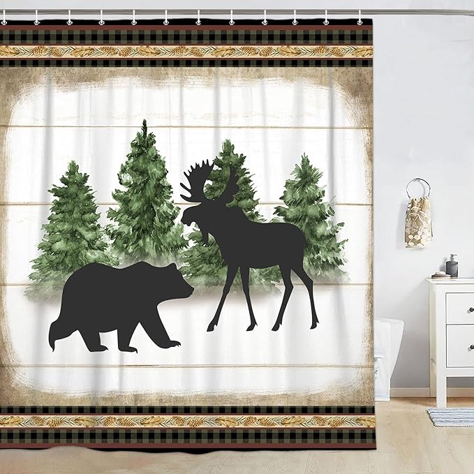 Cabin Bear Moose Farmhouse Shower Curtains,Christmas Tree with Cone Plaid Check Shower Curtain for Bathroom,Rustic Wildlife Animal Fabric Shower Curtain Set with Hooks Bath Decoration 72X78inches