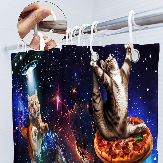 SVBright Funny Cat Shower Curtain 60Wx72L Inch Kids Space Galaxy Cute Fun Cool Pet Animal Hilarious Nebula Starry Fantasy Universe Boys 12 Pack Hooks Polyester Waterproof Fabric Bathroom Bathtub Panel