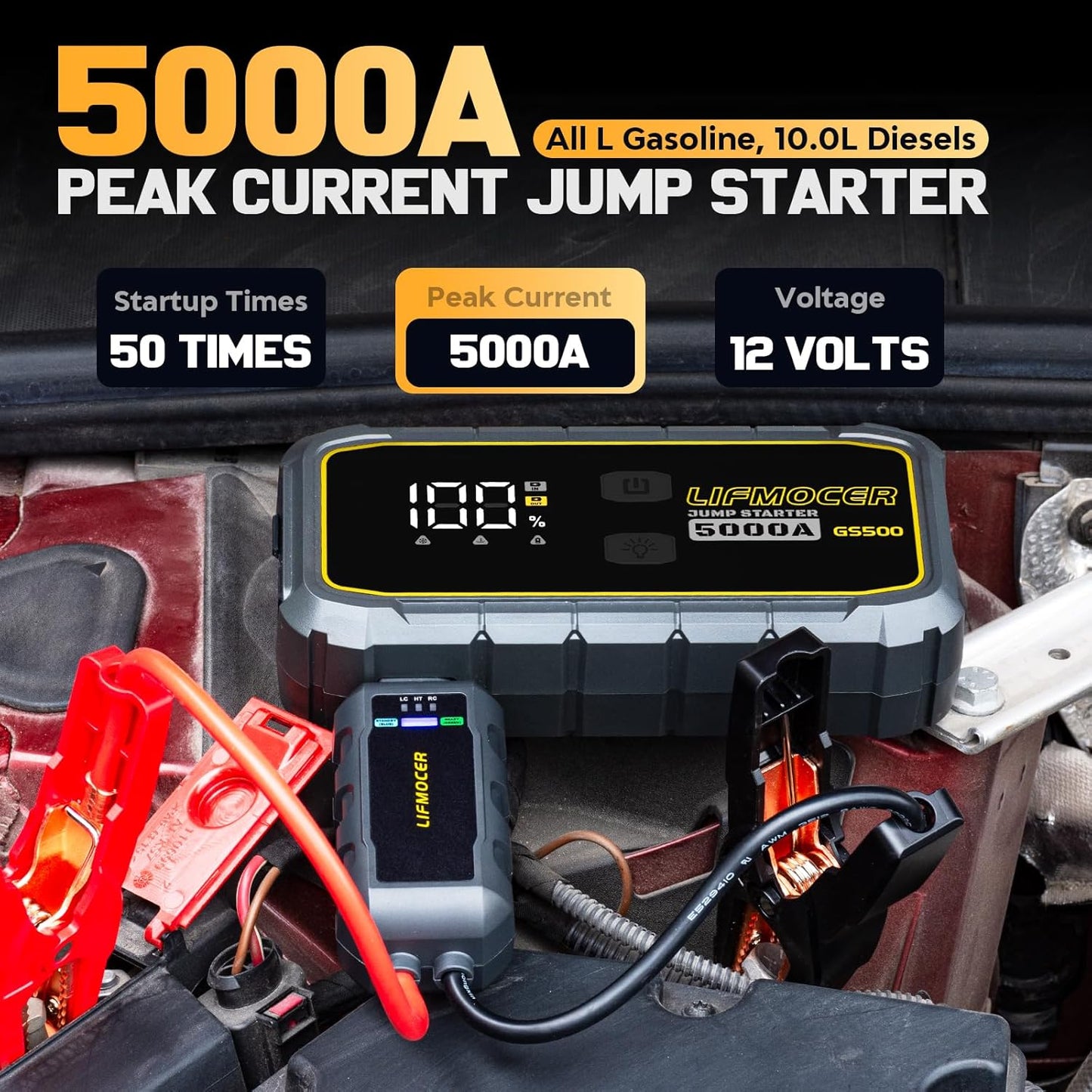 GS500 Car Jump Starter - 5000A Car Battery Jump Starter for Up to All Gas and 10.0L Diesel Engines, 12V Portable Jump Box with Storage Case USB Quick Charge, and LCD Display