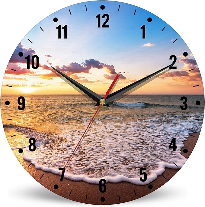 SPUNKER Clocks for Living Room,Ocean Beach Kitchen Wall Clock,Sea Sunrise Clocks 10 Inch Silent Non-Ticking Wall Battery Operated for Living Room Bedroom Bathroom Laundry Room Decor