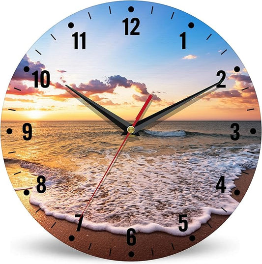 SPUNKER Clocks for Living Room,Ocean Beach Kitchen Wall Clock,Sea Sunrise Clocks 10 Inch Silent Non-Ticking Wall Battery Operated for Living Room Bedroom Bathroom Laundry Room Decor