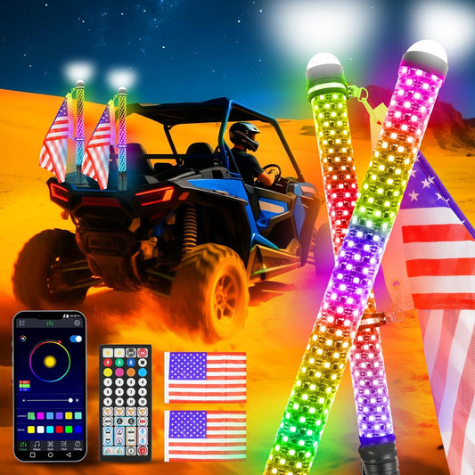 2Pack 3FT Fat Whip Lights,RGB Led Whip Lights for Side by Side with Strobe Light RGB Chasing Lighted Music Antenna Whips W/App & Remote Control for UTV ATV RZR Can-Am SXS Polaris Offroad Truck