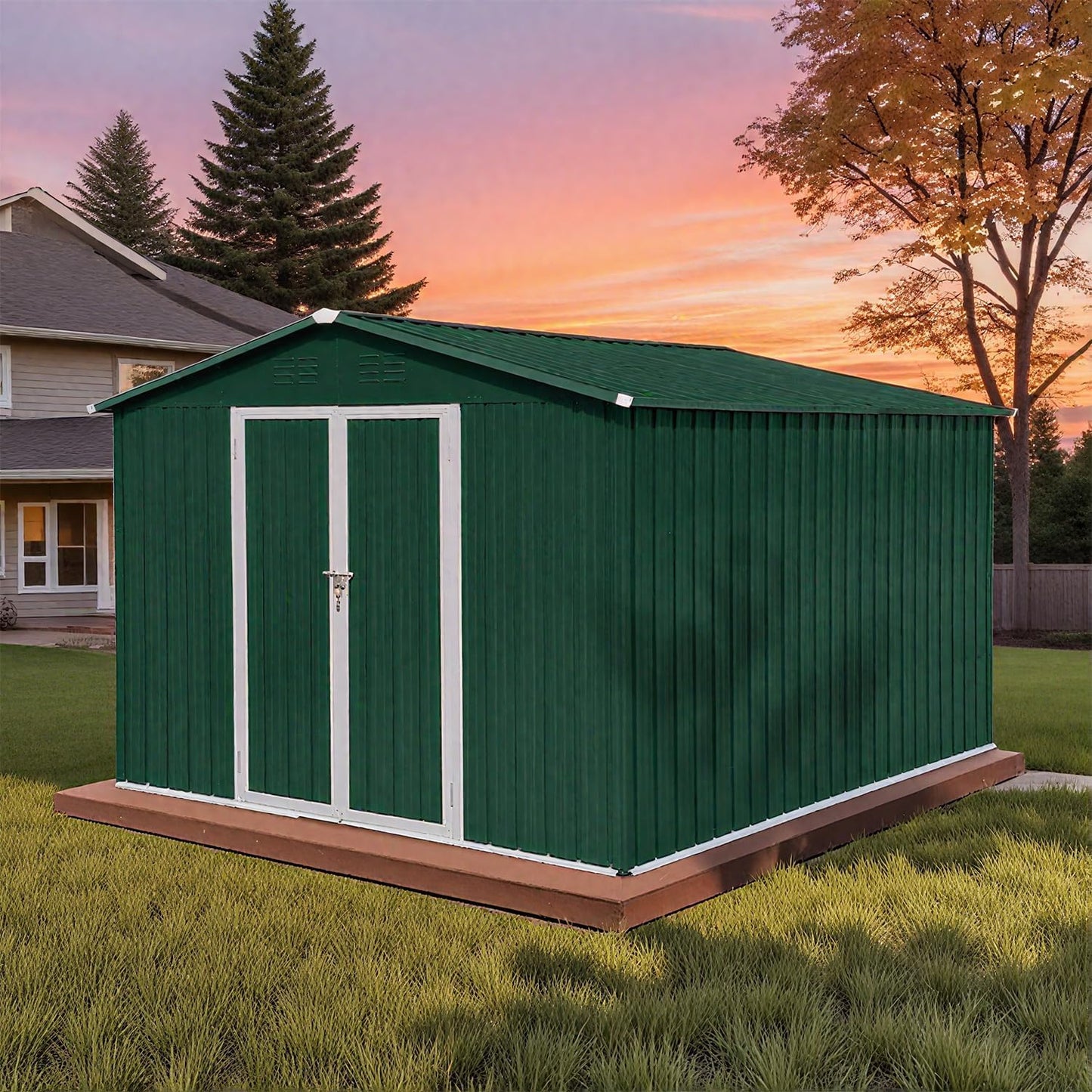10 x 8 FT Outdoor Storage Shed, Metal Garden Tool Shed with Slooping Roof, Lockable Doors and Aluminum Frames, Easy to Assemble for Garden, Patio, Lawn, Green
