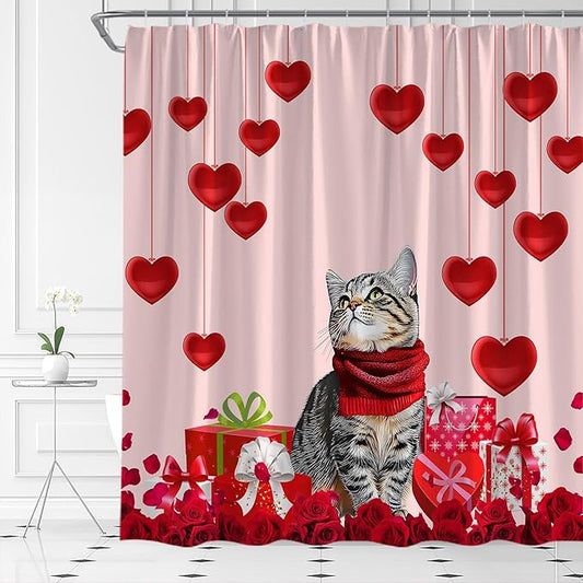 Valentine's Day Shower Curtain Cute Cat Romantic Red Heart Rose Love Couple Woman Girl Creative Bathroom Curtains Decor Fabric Set Include Hooks,(70" Wx84 H)