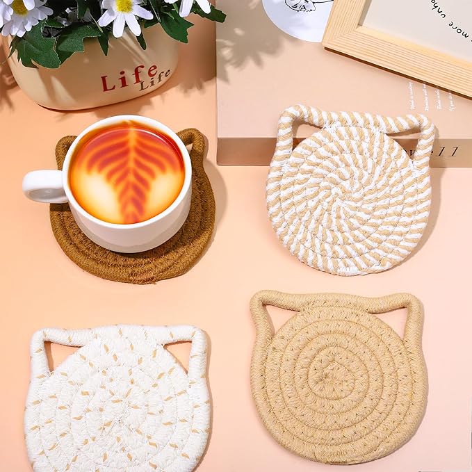 Whaline Cat Ear Coasters Set Brown White Handmade Braided Cotton Coasters Non-Slip Absorbent Drink Coasters with Holder for Table Protection Housewarming Gift Home Decor, 4Pcs