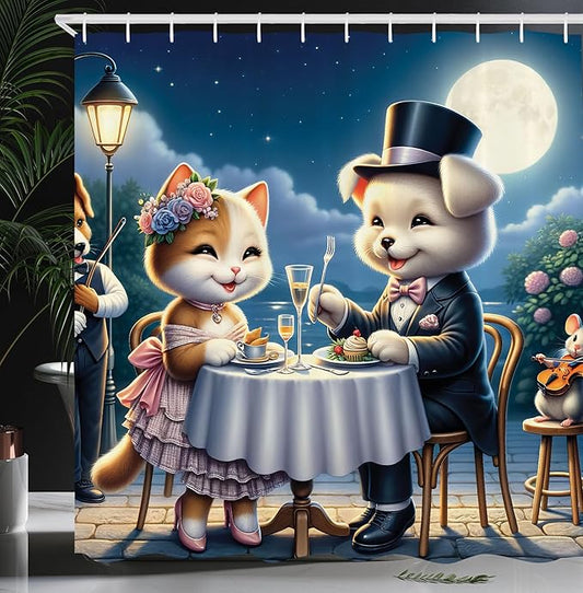 Ambesonne Cat Shower Curtain, Smiling Happy Kitty Lady and Gentleman Puppy Romantic Dinner Date Print, Cloth Fabric Bathroom Decor Set with Hooks, 69" W x 84" L, Night Blue Rose Apricot