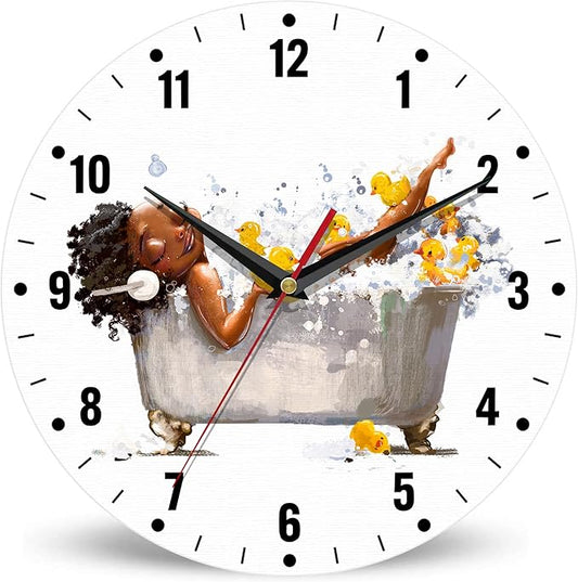 SPUNKER Wall Clocks,African Woman Bath Wall Clocks,Yellow Duck Battery Operated Wall Clock Silent Non-Ticking Decorative for Home Kitchen Bathroom Living Room Bedroom Office 10 Inch
