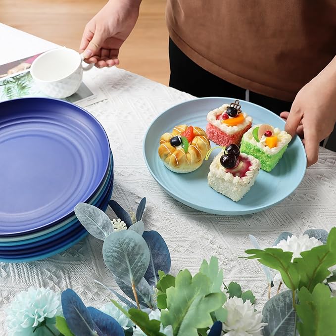 Wheat Straw Dinner Plates, 9 Inch Deep Set of 8, Lightweight & Unbreakable, Microwave & Dishwasher Safe Kids Plates (Blue Series)