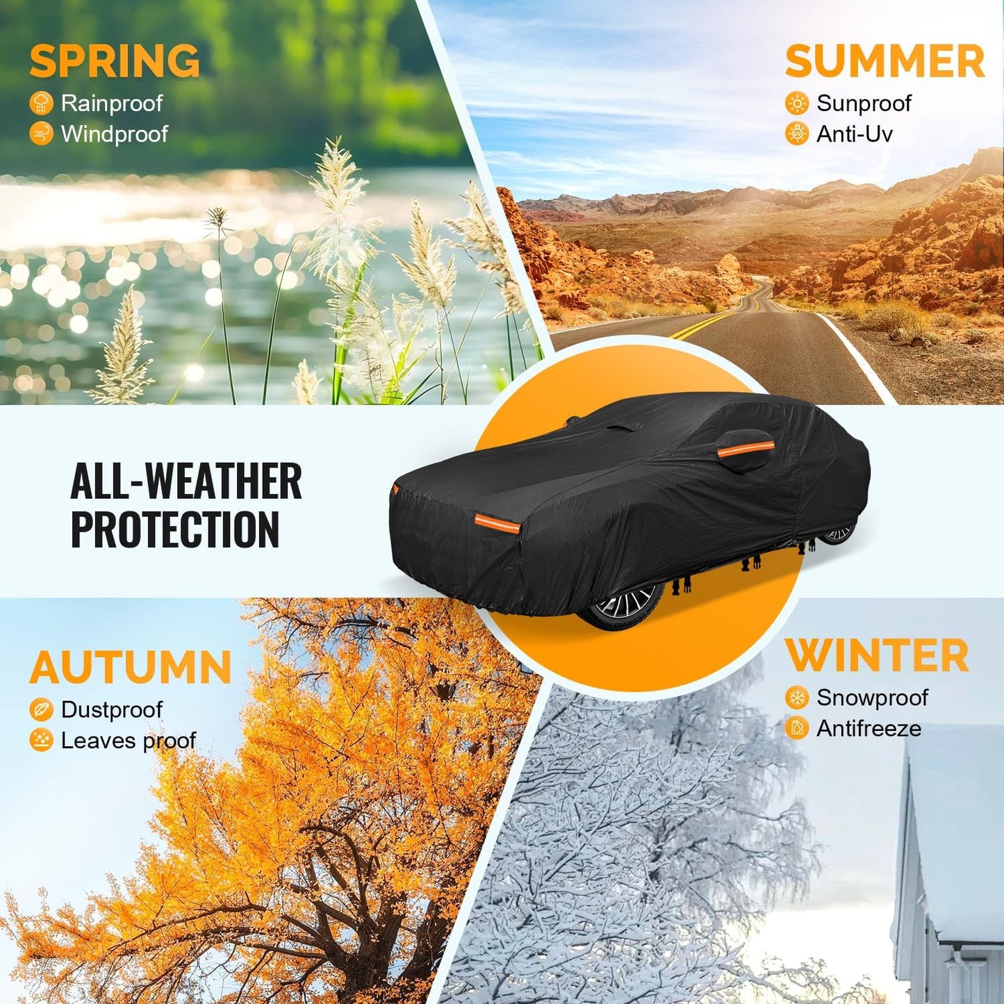 30 Layers Car Cover for Automobiles All Weather Waterproof, Outdoor Snowproof UV Protection Windproof, Door Zipper, Soft Cotton, Heavy Duty Universal Car Covers, (Black, Fit Sedans 171"-180")