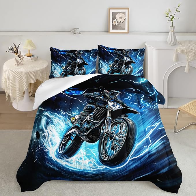 AILONEN Boys Extreme Sport Dirt Bike Bedding Set Full Size, 3-Piece Blue Black Speed Motocross Comforter with 2 Pillowcases for Kids Men