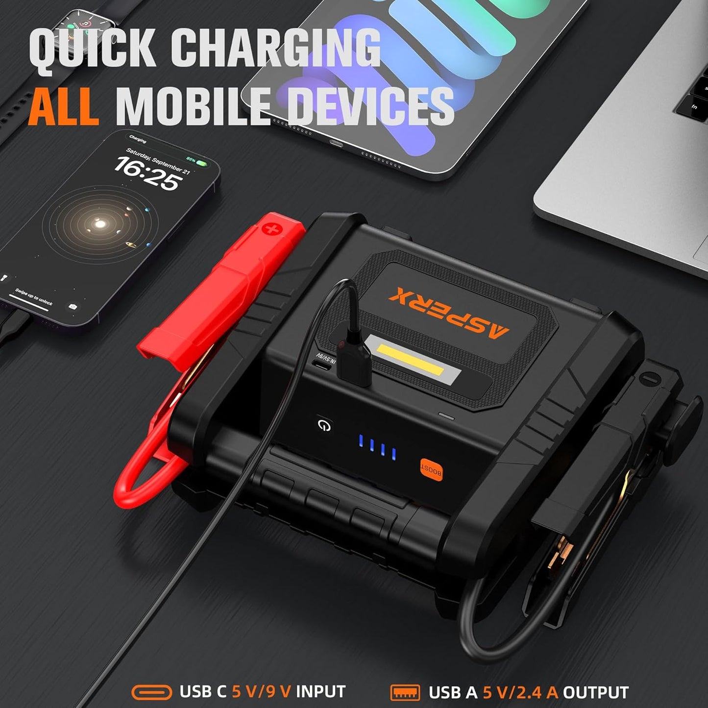 AsperX 6000A Car Jump Starter, Battery Jumper Starter Portable for 12V Vehicles (for All Gas or up to 12L Diesel) - Car Battery Charger with LED Flashlight and Jumper Cables