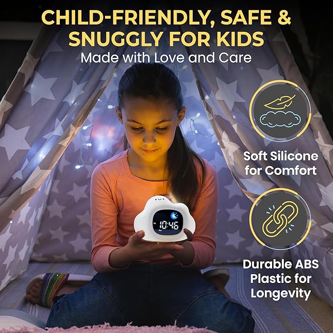 Bumble & Bright Okay to Wake Clock for Kids - Adorable Cloud Design, Portable Nightlight, Soothing Sleep Aid, Kids Alarm Clock OK to Wake, 8 Color Options, Easy Display, Ideal for Parents