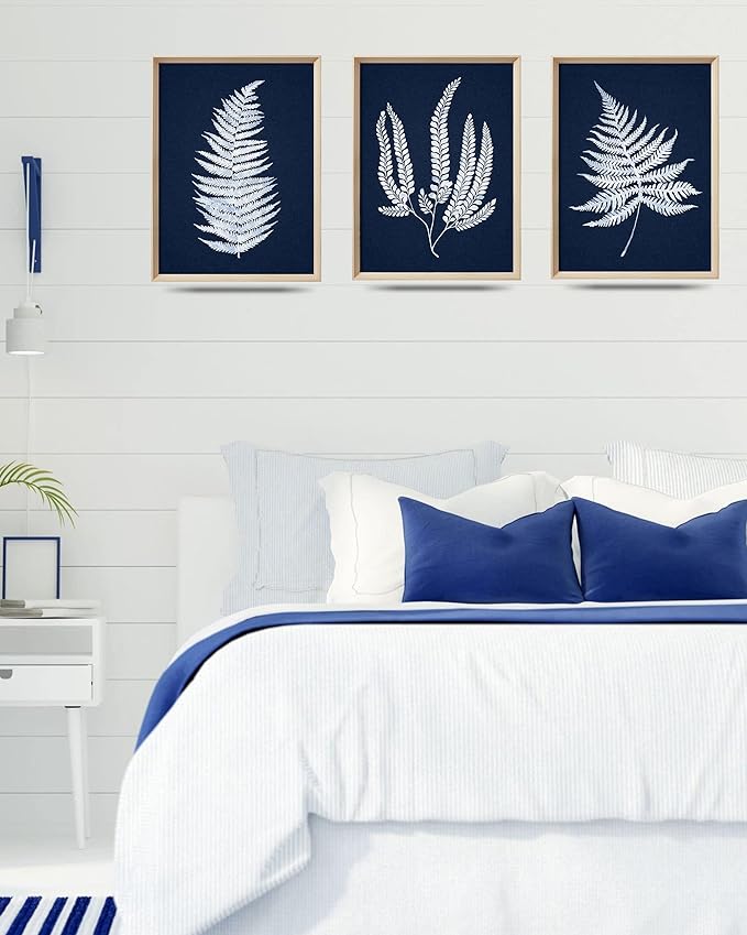 UPWOIGH Wood Framed Wall Art, Minimalist 12x16in Botanical Wall Decor, Fern Plants Framed Prints, White Leafs Tropical Plants,Blue Naval Background High-Frame Process,Bedroom,Set of 3