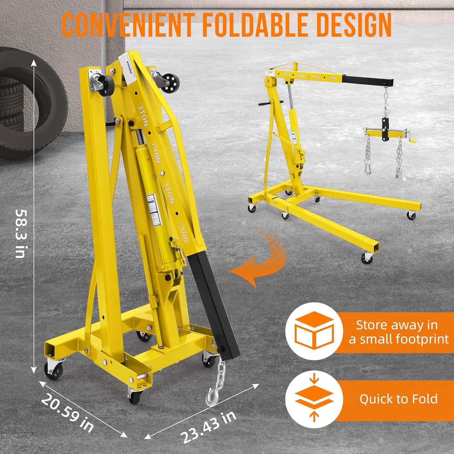 Engine Hoist with Lever, 2 Ton 4000 Lbs Heavy Duty Folding Cherry Picker Engine Lift Hydraulic Tilting Engine Shop Crane with 6 Iron Caster Wheels Telescopic Boom Hitch,Yellow