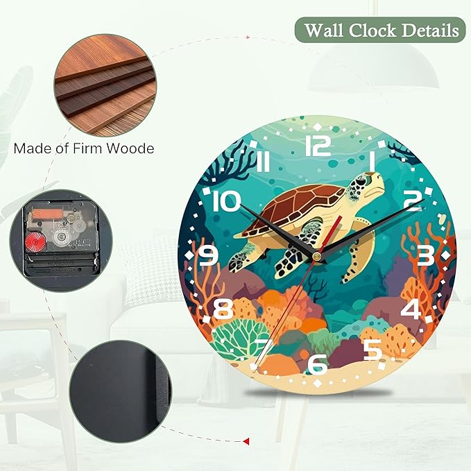 Wall Clocks Battery Operated,Sea Turtle Clock for Living Room,Decorative Wall Clock for Living Room, Bedroom, Bathroom and Kitchen,10 Inch