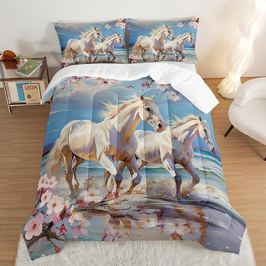 Western Farmhouse Horse Comforter Set,Pink Cherry Blossoms Bedding Sets for Kids Teens Girls Room Decoration,Coastal Beach Theme Bedding King Size Comforter Sets for Girls with 2 Pillowcases.