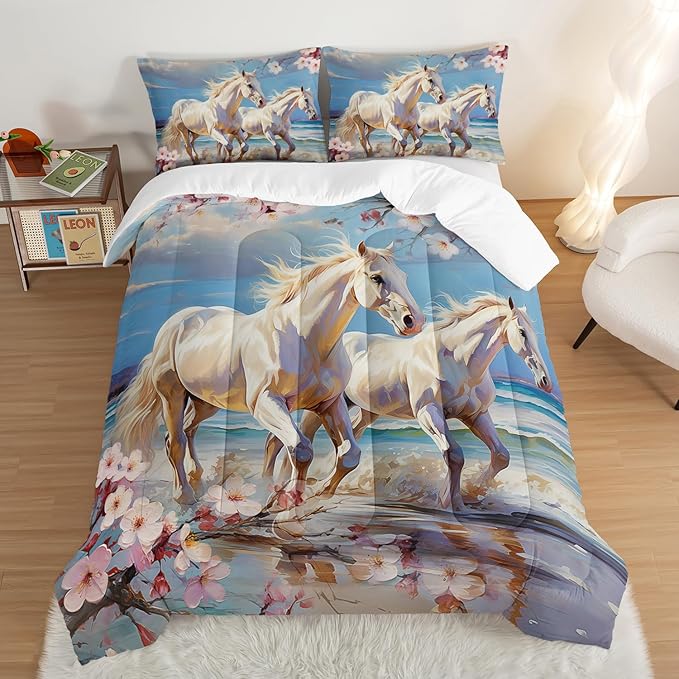 Western Farmhouse Horse Comforter Set,Pink Cherry Blossoms Bedding Sets for Kids Teens Girls Room Decoration,Coastal Beach Theme Bedding Queen Size Comforter Sets for Girls with 2 Pillowcases.
