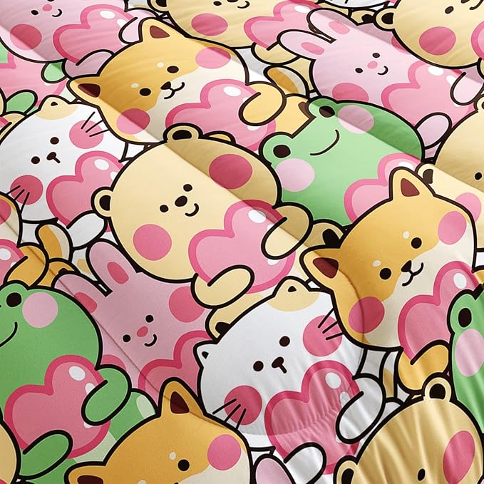 BSNTHO Cute Animal Comforter Set for Girls Kids Queen Size Reversible Kawaii Dog Cat Frog Rabbit Bear Bedding Cartoon Pet Kitten Puppy Toddler Bedroom Collection 3Pcs Super Soft Lightweight