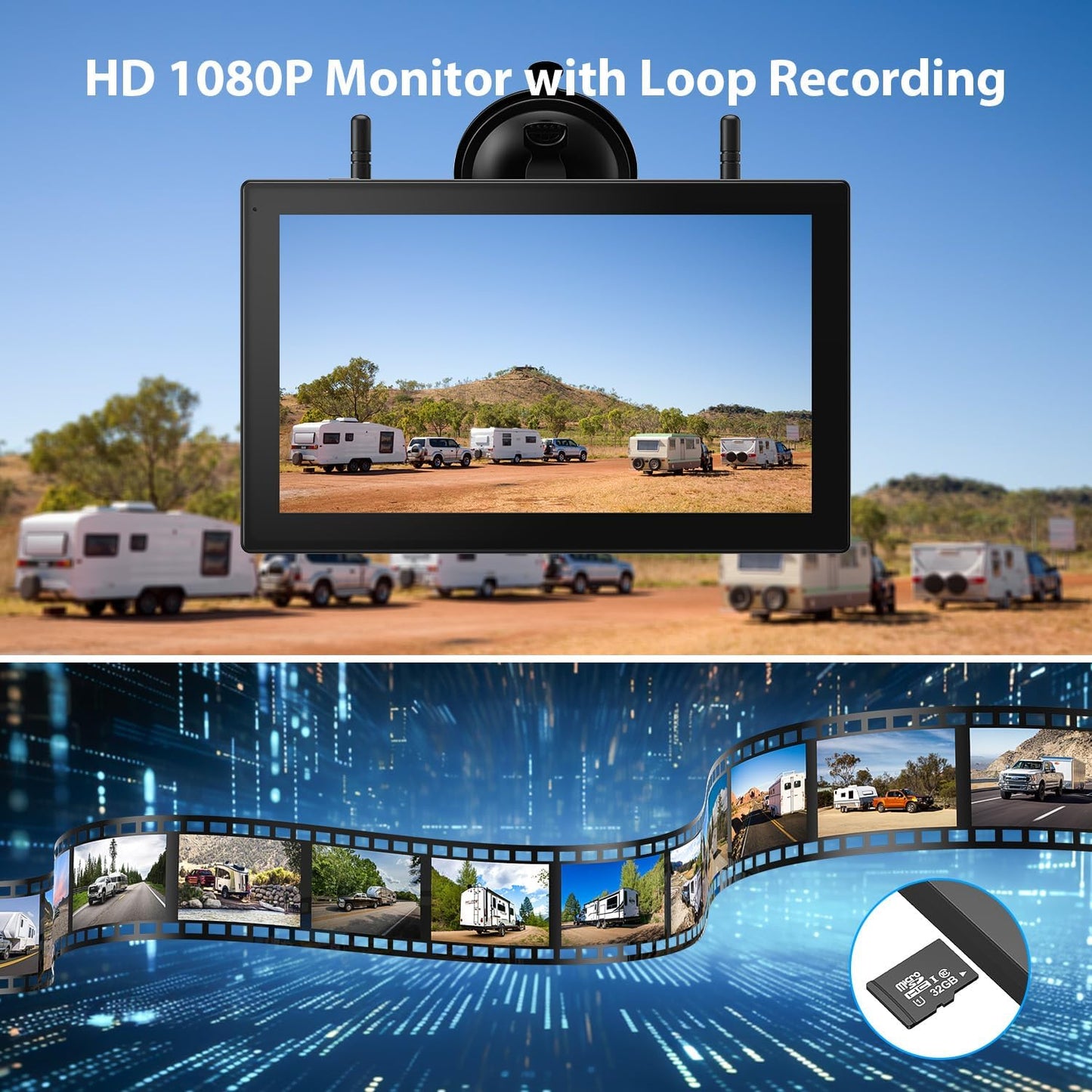 4 Magnetic Solar Wireless Backup Camera HD1080P DVR 10.1" Touchscreen Monitor, Quad RV Rearview Backup Cameras Wireless System for RV Trailer Tractor, Built-in 9600mAh Solar Battery, BL104