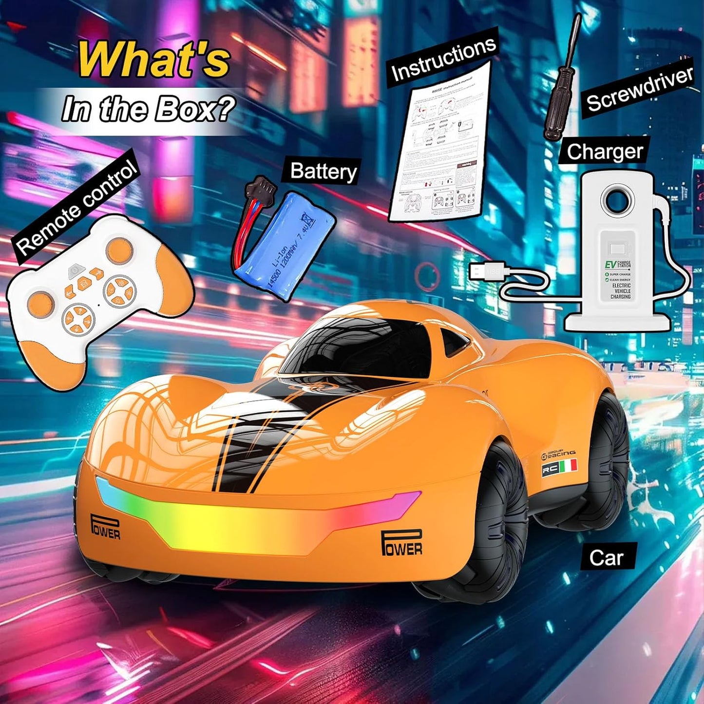 Drift Car, High-Speed Remote Control Cars, Rc Drift Cars for Adults, 32+ km/H, 1:16 Scale, Self-Spray, Infinity Color Lamp, 1200mAh Battery, Racing Level Operation, Gift for Kids/Adults (Orange)