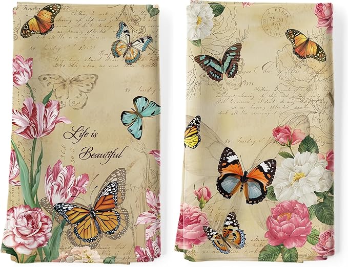 Vintage Butterfly Tea Towels, Cotton Kitchen Towel 18.9 × 27.5 inch, Quick Drying Dish Cloth for Party Anniversary Holiday Decoration Housewarming Gifts