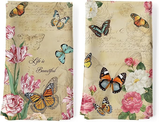 Vintage Butterfly Tea Towels, Cotton Kitchen Towel 18.9 × 27.5 inch, Quick Drying Dish Cloth for Party Anniversary Holiday Decoration Housewarming Gifts