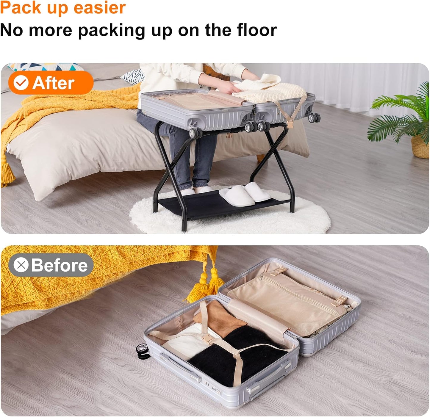 Heybly Luggage Rack, Steel Folding Suitcase Stand with Storage Shelf for Bedroom, Hotel, Foldable Steel Frame, Guest Room Bedroom Hotel, 22.8" L x 11.8" W x 20.9" H, Black HLR004B1