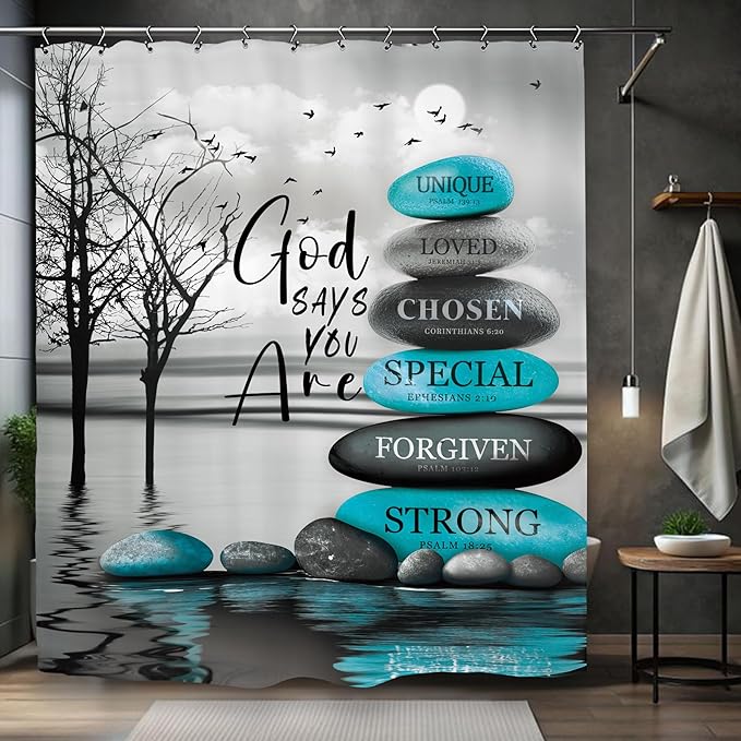 Teal Zen Spa Shower Curtain 60Wx72L Inch Quotes Meditation Inspirational Motivational Bible Positive Bathroom Set Accessories Decor with 12 Pack Hooks