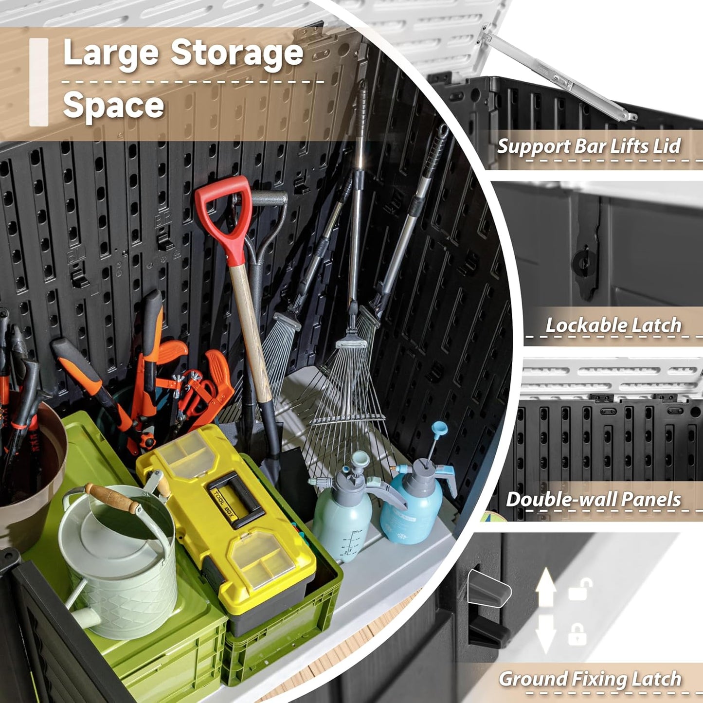 Devoko Resin Outdoor Storage Shed, 34 Cu Ft Outdoor Storage Cabinet Without Shelf, Waterproof, Double Locks, Resin Storage for Trash Can, Garden Tools, Pool Supplies (Black)